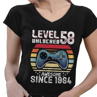 Vintage Video Gamer Birthday Level 58 Unlocked 58Th Birthday Women V-Neck T-Shirt - Monsterry AU