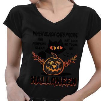 When Black Cats Prowe And Pumpkin Glean May Luck Be Yours On Halloween Women V-Neck T-Shirt - Monsterry DE