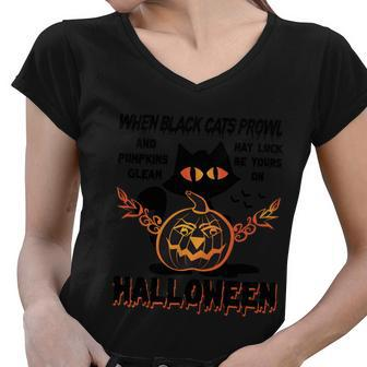 When Black Cats Prowe And Pumpkin Glean May Luck Be Yours On Halloween Women V-Neck T-Shirt - Thegiftio UK
