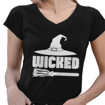 Wicked Witch Hat Broom Halloween Quote Women V-Neck T-Shirt - Monsterry