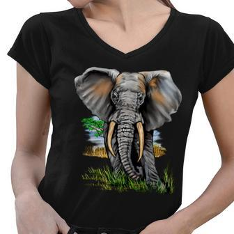 Wildlife - Big Face Elephant Portrait Tshirt Women V-Neck T-Shirt - Monsterry AU