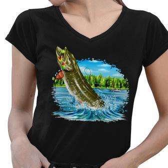 Wildlife - Fishing Muskie Fish Portrait Women V-Neck T-Shirt - Monsterry CA