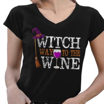 Witch Way To The Wine Funny Costume Lover Drinking Wine Women V-Neck T-Shirt - Thegiftio UK