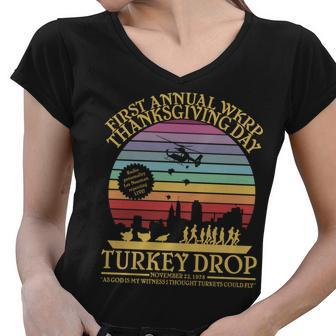 Wkrp Thanksgiving Turkey Drop Funny Retro Tshirt Women V-Neck T-Shirt - Monsterry AU