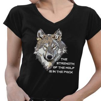 Wolf Face - The Strength Of The Wolf Is In The Pack Women V-Neck T-Shirt - Thegiftio UK