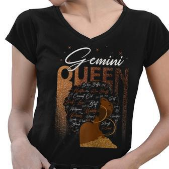 Womens Funny Gemini Girl Zodiac Birthday Pride Melanin Afro Queen Women V-Neck T-Shirt - Seseable