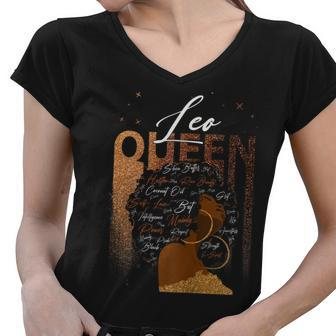 Womens Funny Leo Girl Zodiac Birthday Pride Melanin Afro Queen Women V-Neck T-Shirt - Seseable