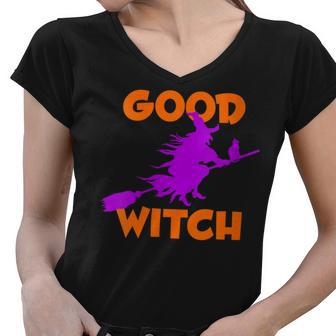 Womens Good Witch Halloween Riding Broomstick Silhouette Women V-Neck T-Shirt - Seseable