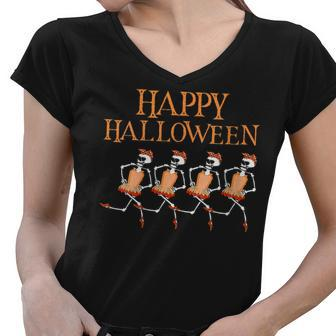 Womens Happy Costumes Halloween Skeleton Dancing Ballet Funny Gift Women V-Neck T-Shirt - Seseable
