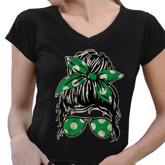 Womens Messy Hair Bun With Bandana Ribbon And Sunglasses Design Women V-Neck T-Shirt - Monsterry