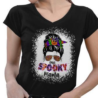 Womens One Spooky Mama Witchy Mama Halloween Messy Bun Mom Bleached Women V-Neck T-Shirt - Seseable