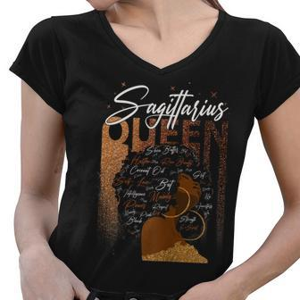 Womens Sagittarius Girl Zodiac Birthday Pride Melanin Afro Queen Women V-Neck T-Shirt - Seseable