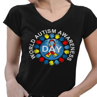World Autism Awareness Day Earth Puzzle Ribbon Tshirt Women V-Neck T-Shirt - Monsterry CA