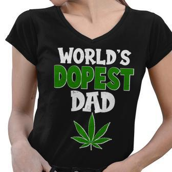 Worlds Dopest Dad Marijuana Weed Women V-Neck T-Shirt - Monsterry