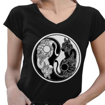 Yin-Yang Cats Graphic Design Printed Casual Daily Basic Women V-Neck T-Shirt - Thegiftio