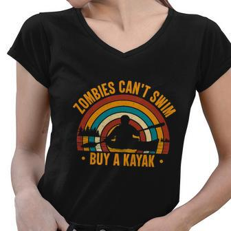 Zombies Cant Swim Buy Kayak Fishing Retro Women V-Neck T-Shirt - Monsterry