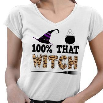 100% That Witch Halloween Witch Hat Leopard Women V-Neck T-Shirt - Seseable