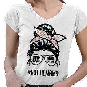 Rottie Mom Messy Bun Hair Glasses Rottweiler Messy Bun  Women V-Neck T-Shirt