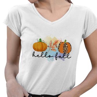 Hello Fall Pumpkins Thanksgiving Season Women V-Neck T-Shirt
