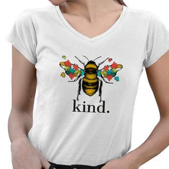 Autism Awareness Bee Kind Puzzle Pieces Tshirt Women V-Neck T-Shirt - Monsterry UK