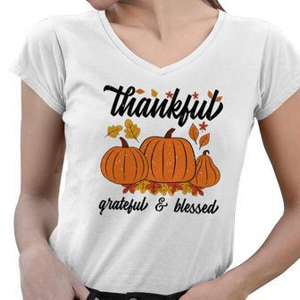 Autumn Thankful Grateful Blessed New Fall Gift Women V-Neck T-Shirt - Seseable