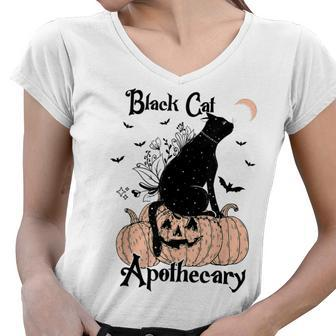 Black Cat Apothecary Cat Witch Pumpkin Halloween Costume Women V-Neck T-Shirt - Seseable