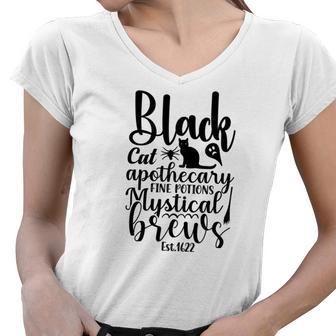 Black Cat Apothecary Fine Potions Mystical Brews Halloween Women V-Neck T-Shirt - Seseable