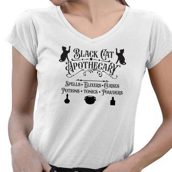 Black Cat Apothecary Funny Halloween Cats Women V-Neck T-Shirt - Seseable