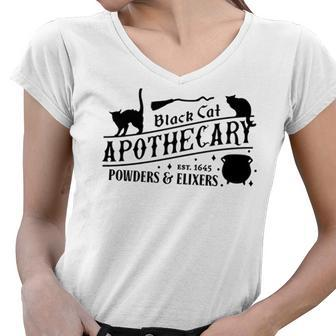 Black Cat Apothecary Halloween Est 1645 Gift Powders And Elixers Women V-Neck T-Shirt - Seseable