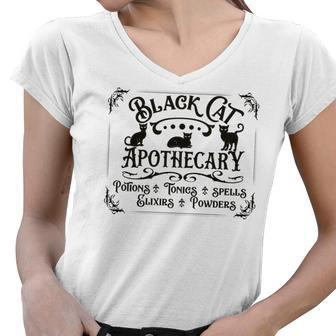 Black Cat Apothecary Powders Flixers Halloween Women V-Neck T-Shirt - Seseable