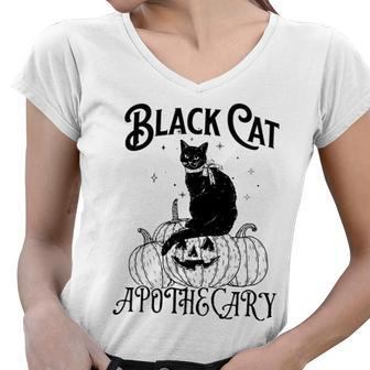 Black Cat Apothecary Pumpkin Halloween Women V-Neck T-Shirt - Seseable