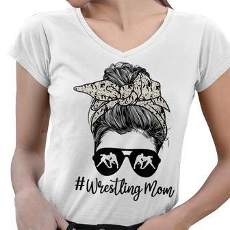 Bleached Life Wrestling Mom Leopard Messy Bun Glasses V2 Women V-Neck T-Shirt - Seseable