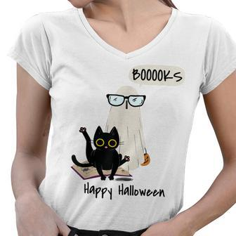 Book Lover Halloween Boooks Ghost Boo And Black Cat Cute Women V-Neck T-Shirt - Seseable