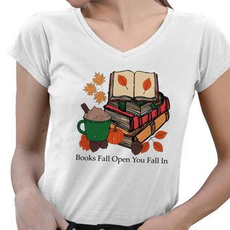 Books Fall Open You Fall In Coffee Reading Hobby Women V-Neck T-Shirt - Seseable