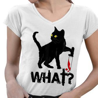 Cat What Murderous Black Cat With Knife Halloween Women V-Neck T-Shirt - Seseable