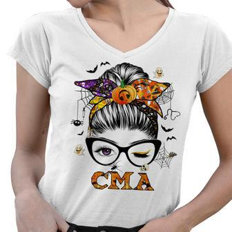Cma Messy Bun Hair Halloween Certified Medical Assistant Sweatshirt Women V-Neck T-Shirt - Thegiftio UK