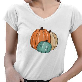Colorful Pumpkins Happy Fall Season Present Women V-Neck T-Shirt - Seseable