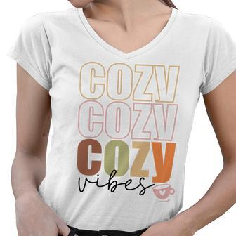 Cozy Vibes Warm Weather Fall Women V-Neck T-Shirt - Seseable