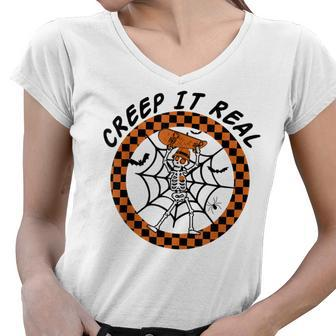 Creep It Real Funny Skeleton Halloween Costume Women V-Neck T-Shirt - Seseable