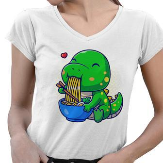 Cute Baby Dino Trex Eating Ramen Noodles Women V-Neck T-Shirt - Monsterry CA
