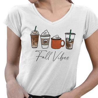 Cute Fall Vibes Coffee Pumpkin Spice Latte Drinks Autumn Women V-Neck T-Shirt - Thegiftio UK