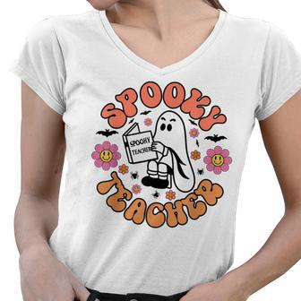 Cute Ghost Book Reading Halloween Teacher Spooky Teacher Women V-Neck T-Shirt - Thegiftio UK