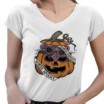 Cute Halloween Sorta Sweet Sorta Spooky Pumpkin Florals Women V-Neck T-Shirt - Seseable