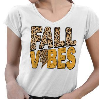 Distressed Fall Vibes Leopard Lightning Bolts In Fall Colors Women V-Neck T-Shirt - Thegiftio UK