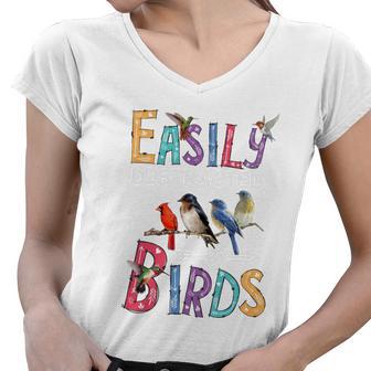 Easily Distracted By Birds Gift Funny Bird Gift Women V-Neck T-Shirt - Monsterry UK