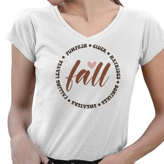 Fall Circle Pumpkin Leaves Hayrides Sweaters Women V-Neck T-Shirt - Seseable