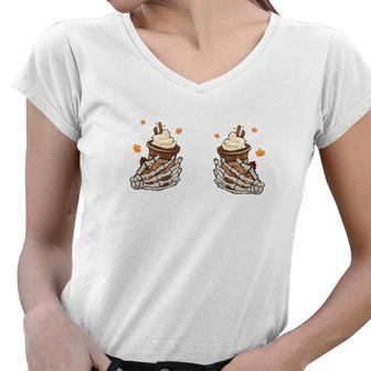 Fall Coffee Skeleton Hands Ice Coffee Women V-Neck T-Shirt - Seseable