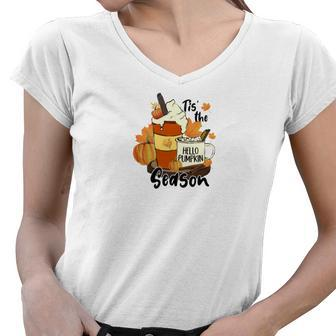 Fall Coffee Tis The Season Hello Pumpkin Women V-Neck T-Shirt
