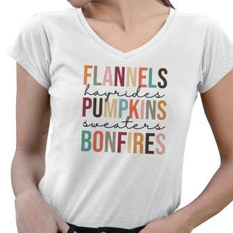 Fall Flannels Hayrides Pumpkins Sweaters Bonfires Women V-Neck T-Shirt | Seseable CA