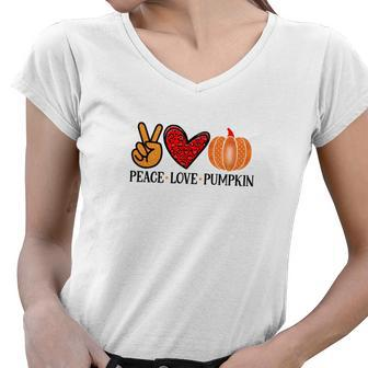 Fall Gift Peace Love Pumpkin Women V-Neck T-Shirt - Seseable